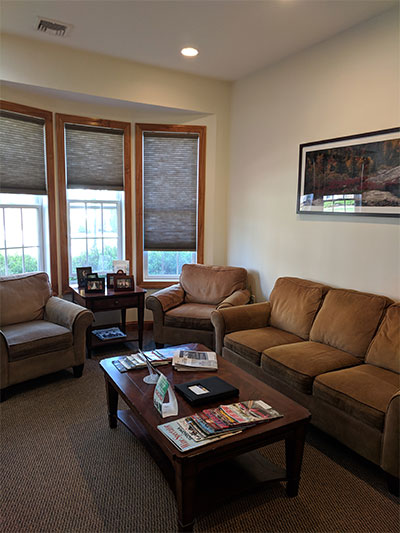 The image depicts a well-lit living room with two couches, a coffee table, a lamp, a framed picture on the wall, and natural light coming through windows with blinds partially drawn.